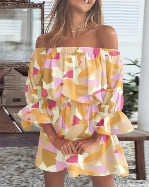 Mini abito floreale off-shoulder da donna