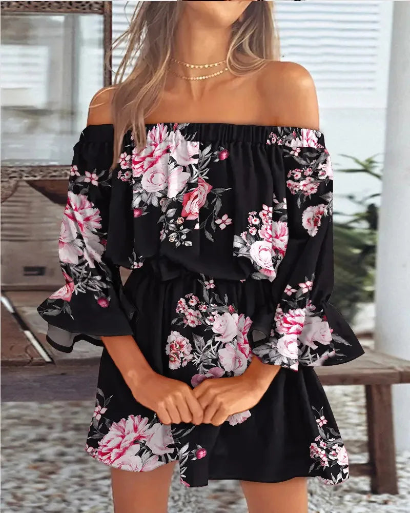 Mini abito floreale off-shoulder da donna