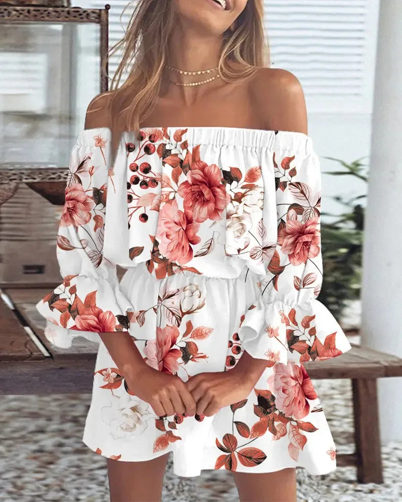 Mini abito floreale off-shoulder da donna