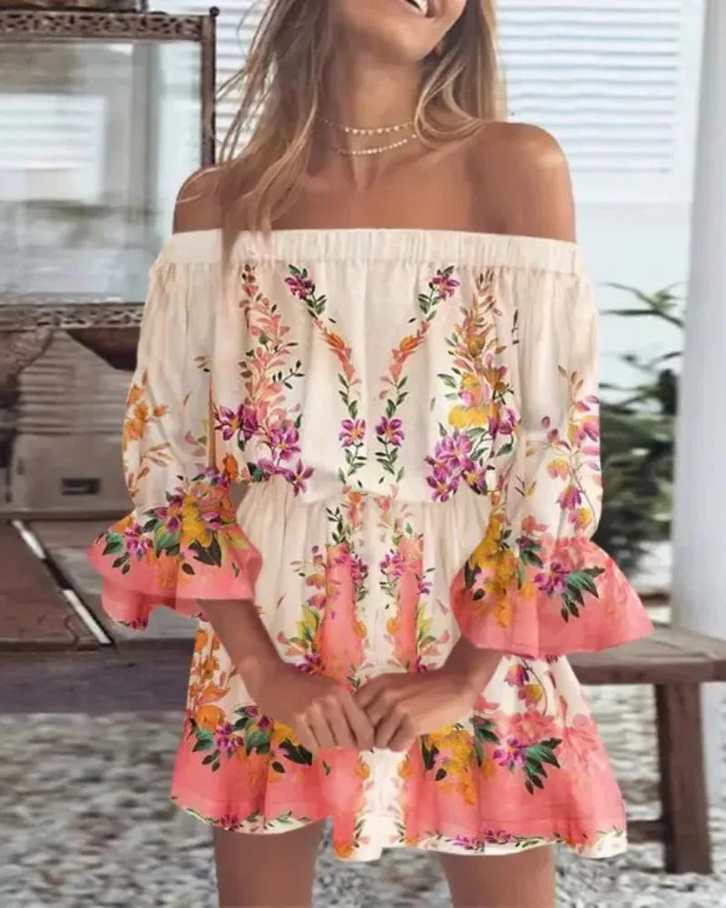 Mini abito floreale off-shoulder da donna