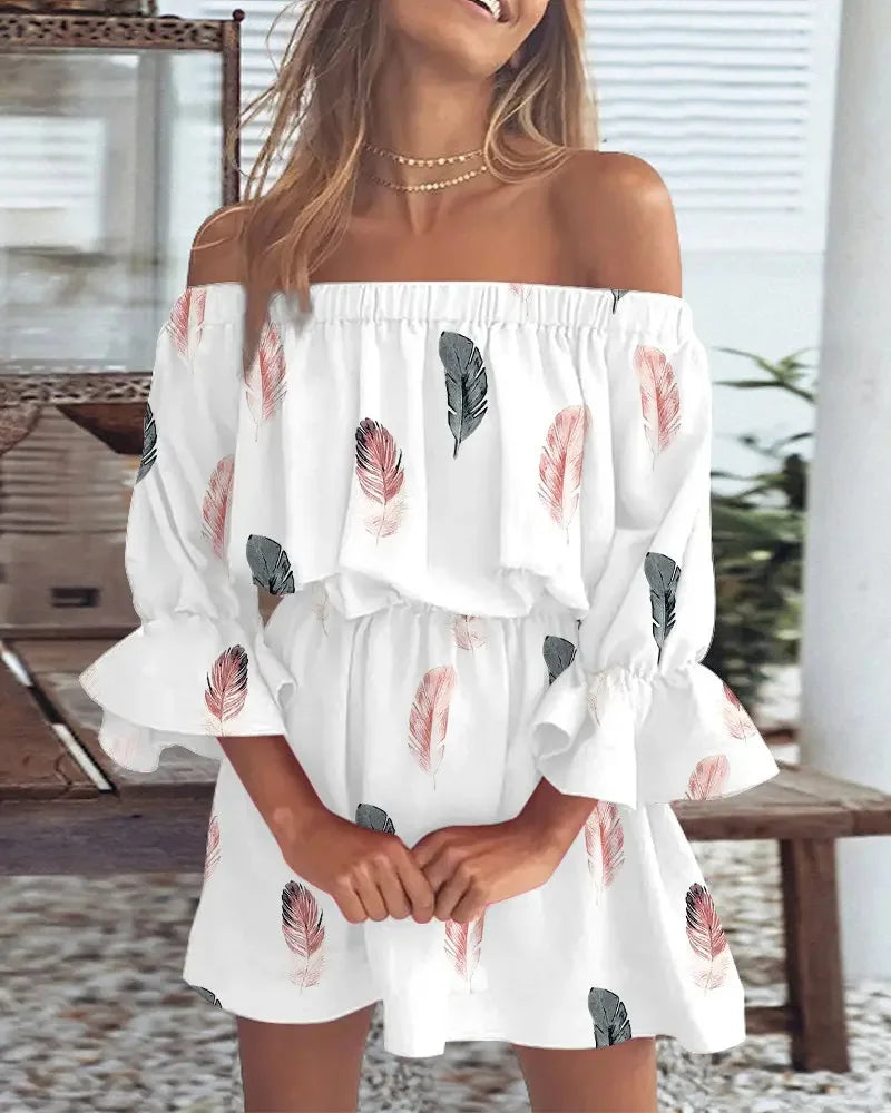 Mini abito floreale off-shoulder da donna