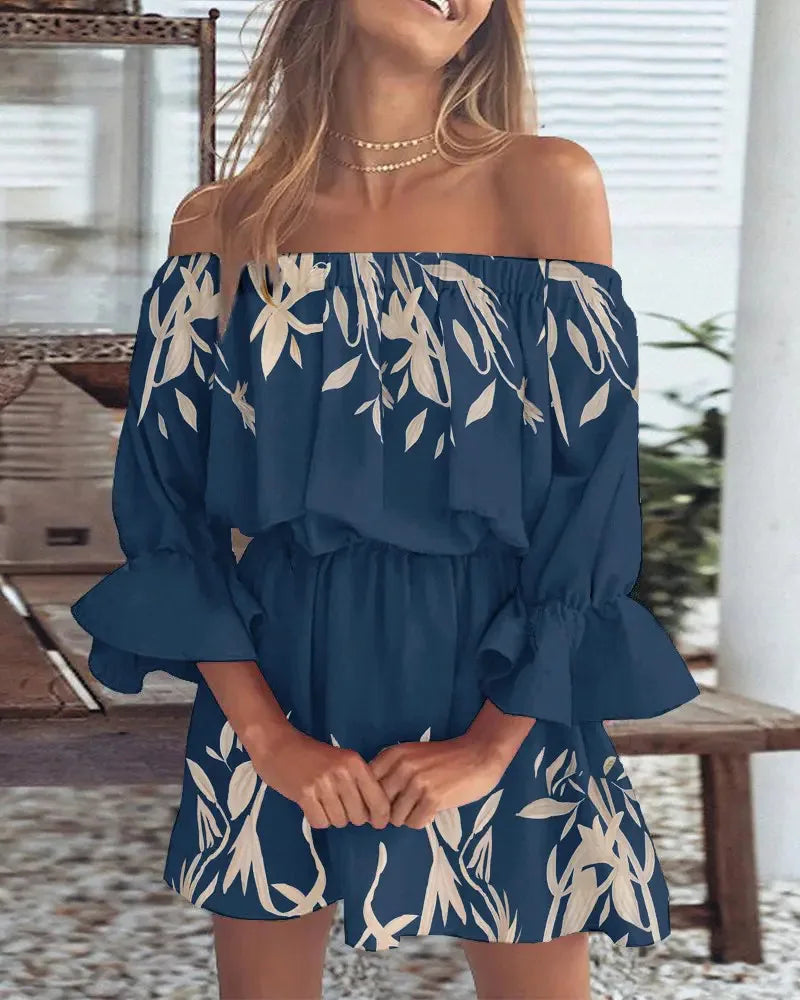 Mini abito floreale off-shoulder da donna