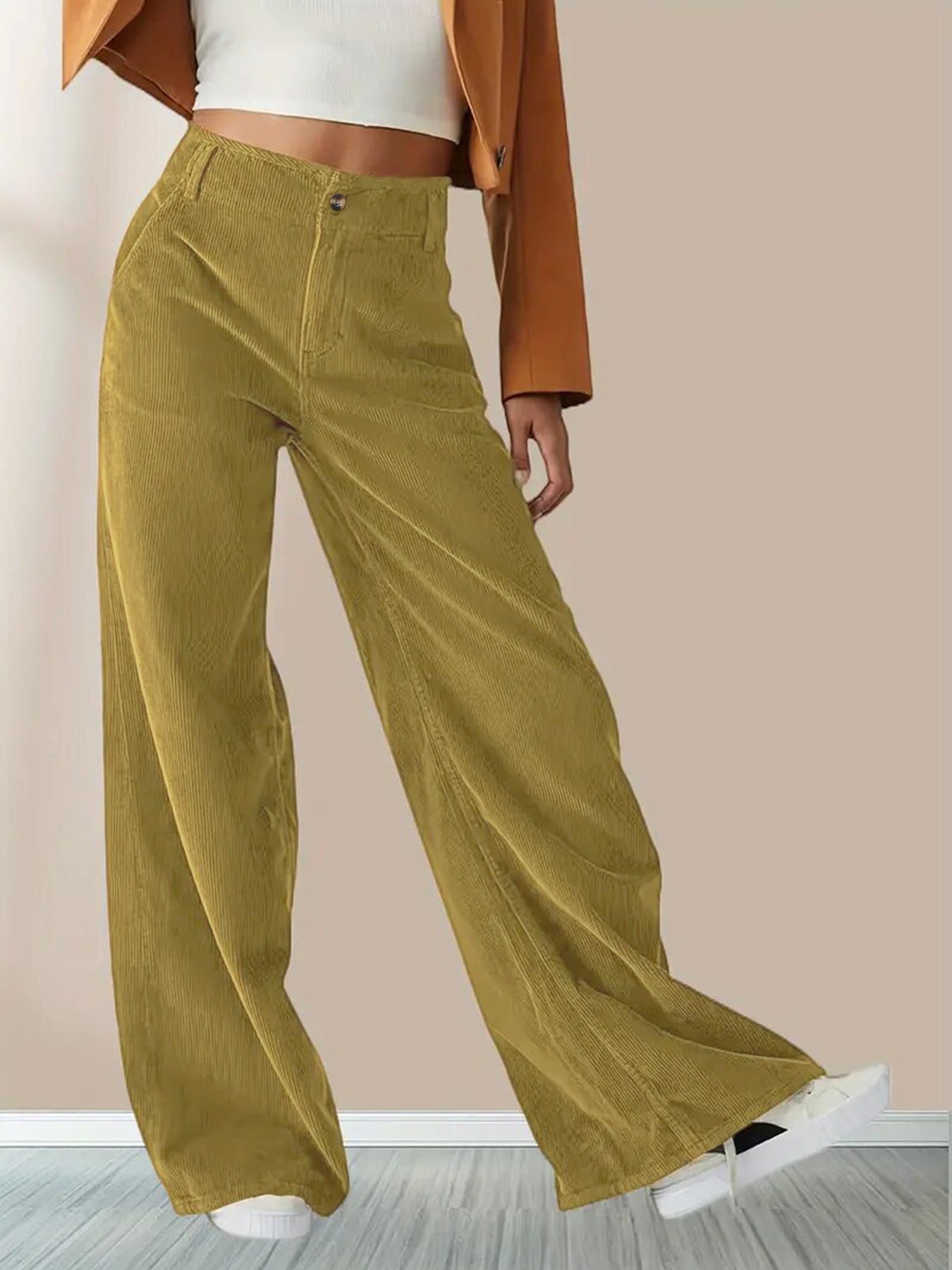Pantaloni da donna casual a gamba larga in tessuto a coste – Comodi