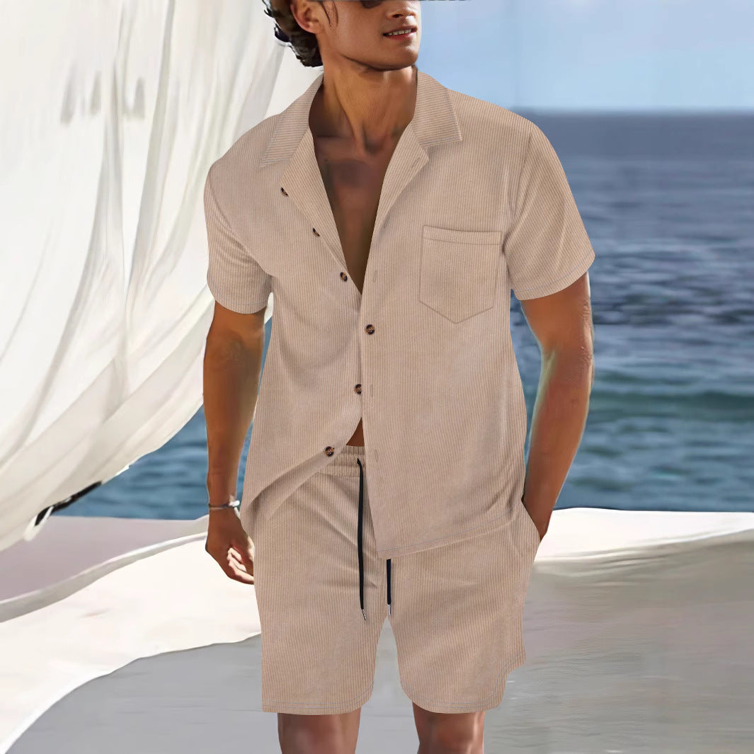 Completo da uomo in lino | Camicia a maniche corte e pantaloncini | Coordinato naturale da spiaggia