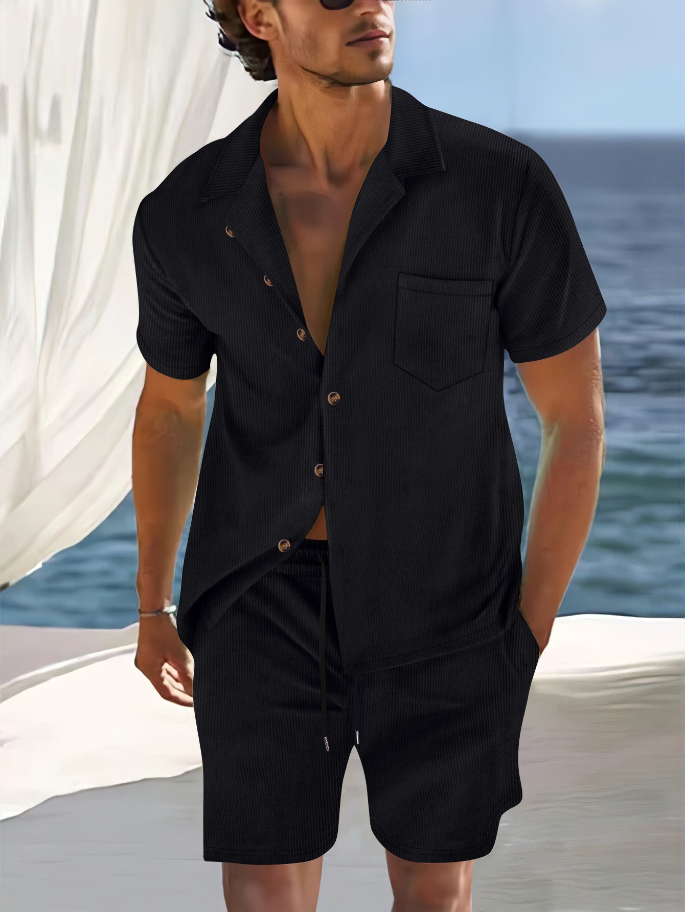 Completo da uomo in lino | Camicia a maniche corte e pantaloncini | Coordinato naturale da spiaggia