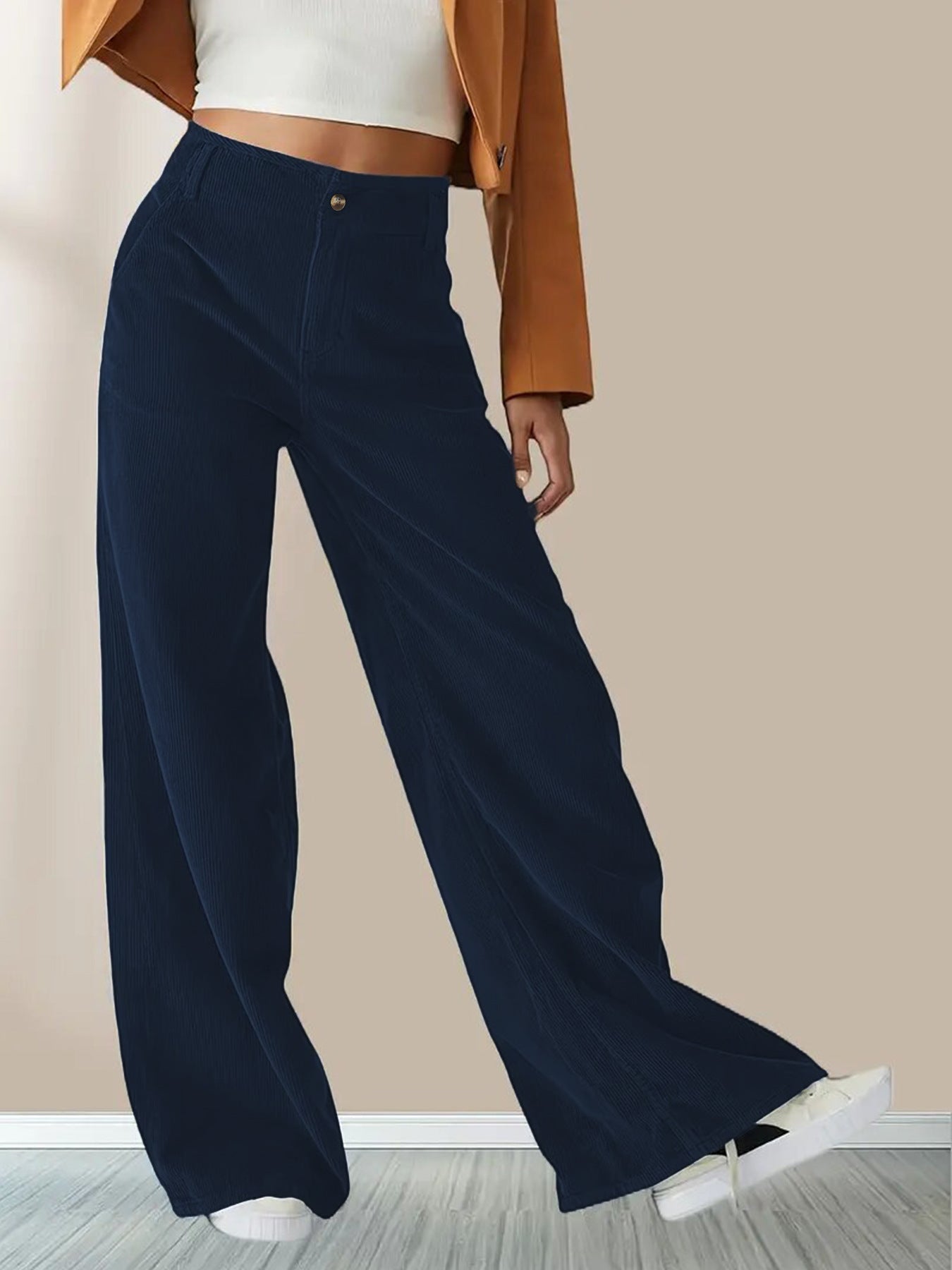 Pantaloni da donna casual a gamba larga in tessuto a coste – Comodi