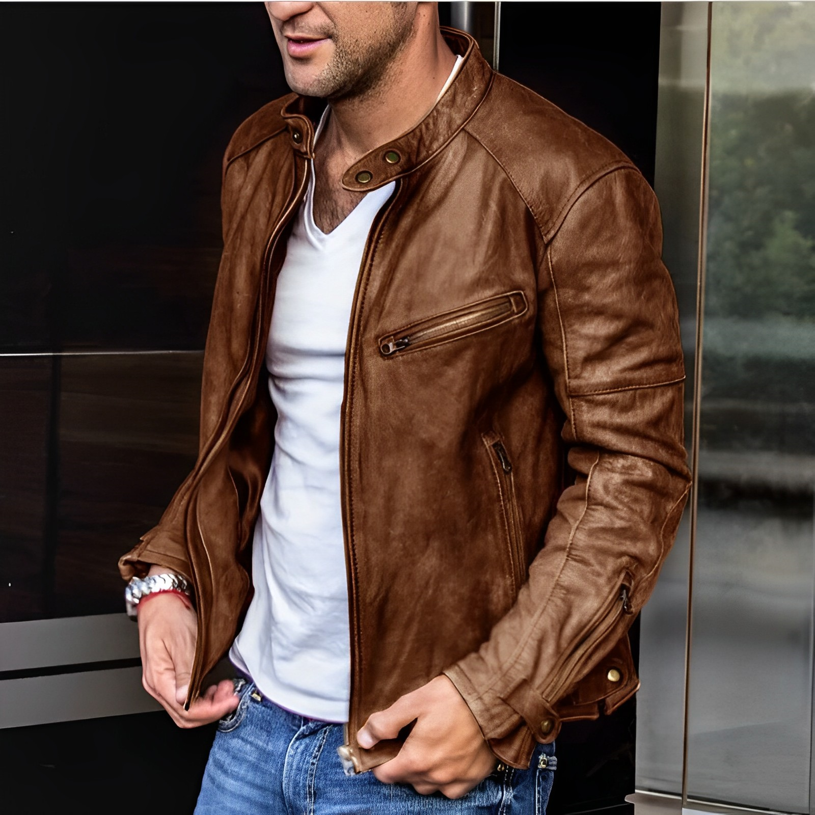 Giacca in pelle con cerniera per tutte le stagioni da uomo, elegante e resistente
