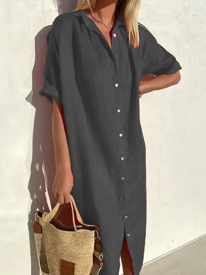 Vestito lungo donna in lino con bottoni – abito estivo leggero a maniche corte