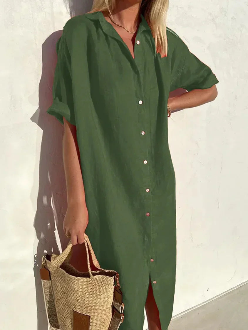 Vestito lungo donna in lino con bottoni – abito estivo leggero a maniche corte