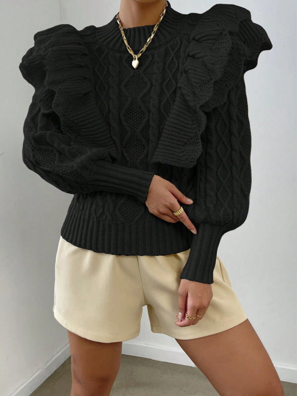 Elegante maglione a trecce con volant da donna – Top comodo a maniche lunghe