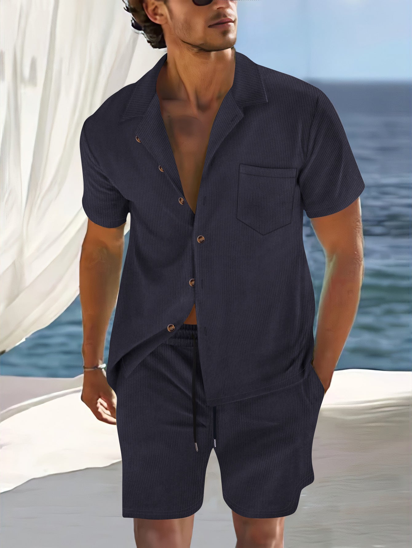 Completo da uomo in lino | Camicia a maniche corte e pantaloncini | Coordinato naturale da spiaggia