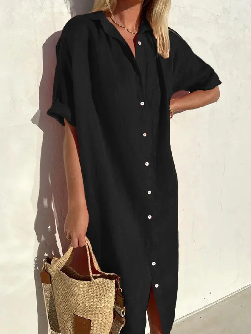 Vestito lungo donna in lino con bottoni – abito estivo leggero a maniche corte