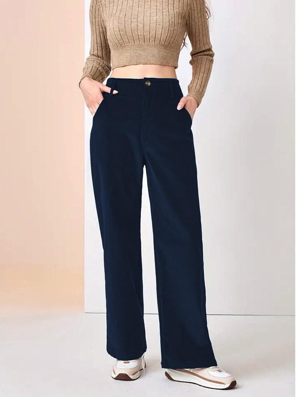 Pantaloni da donna casual a gamba larga in tessuto a coste – Comodi