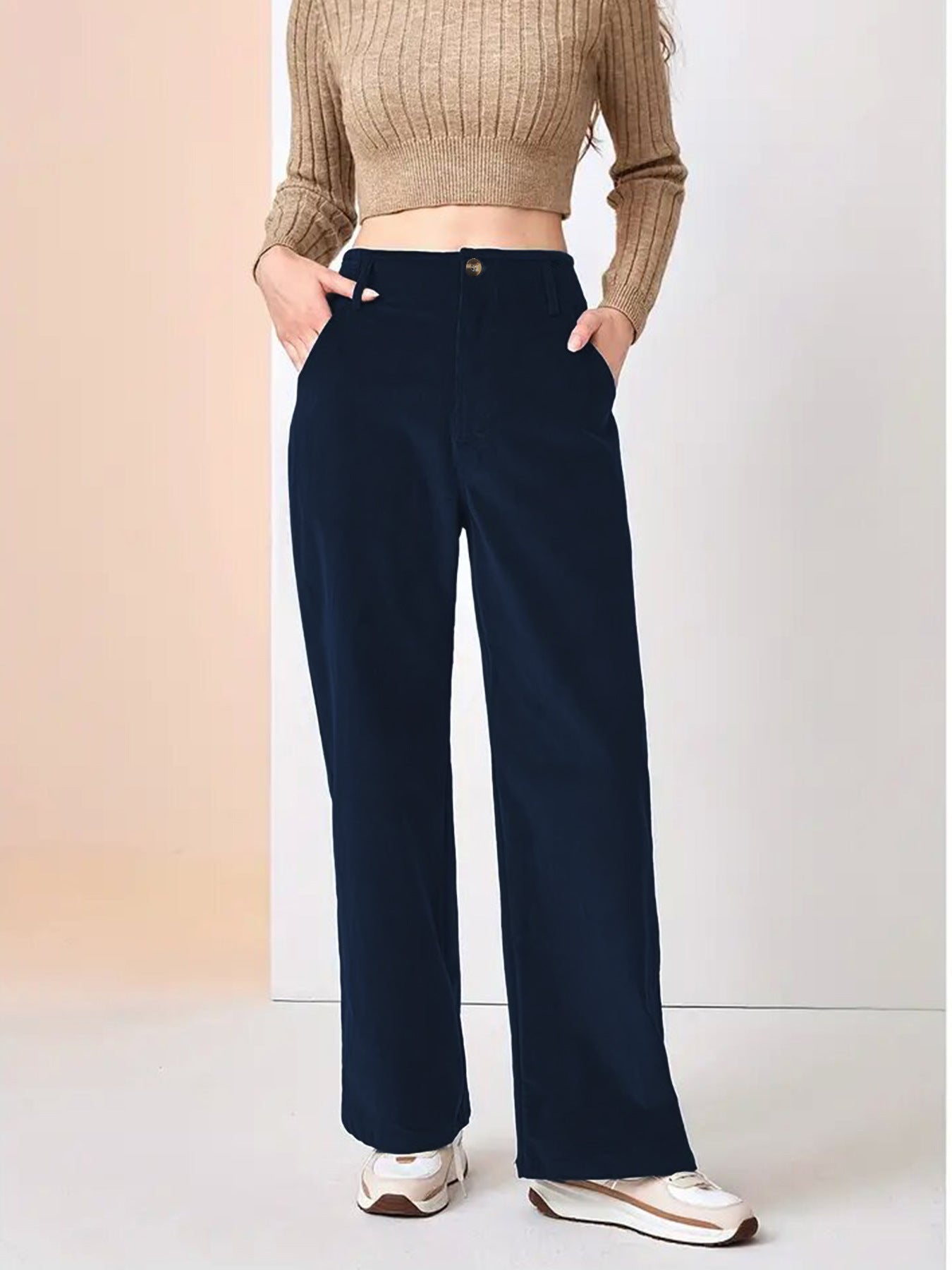 Pantaloni da donna casual a gamba larga in tessuto a coste – Comodi