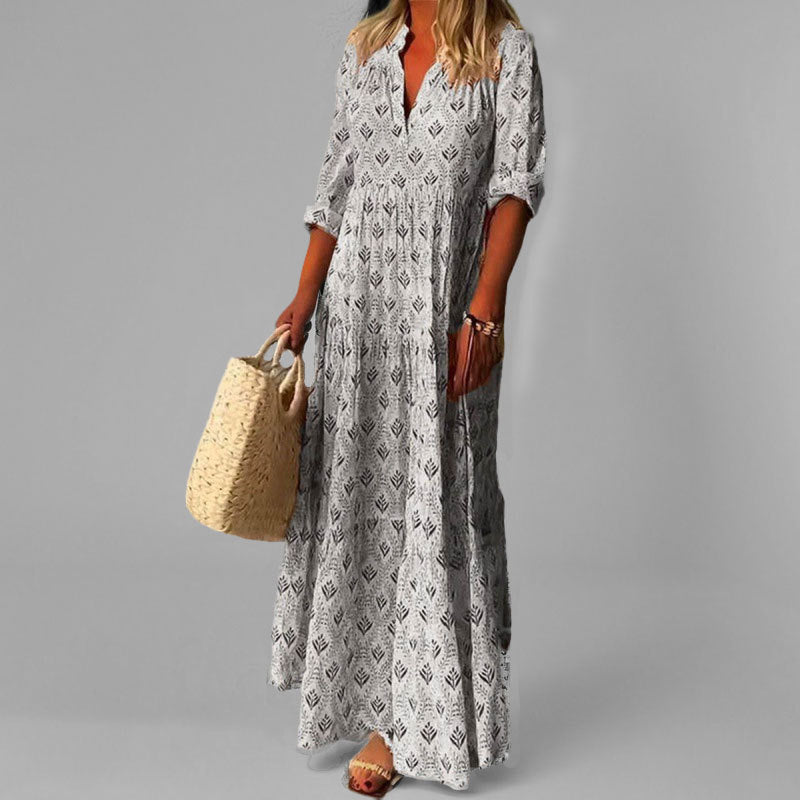 Abito lungo da donna – leggero – vestibilità ampia – scollo a V – stampa vintage – manica a 3/4