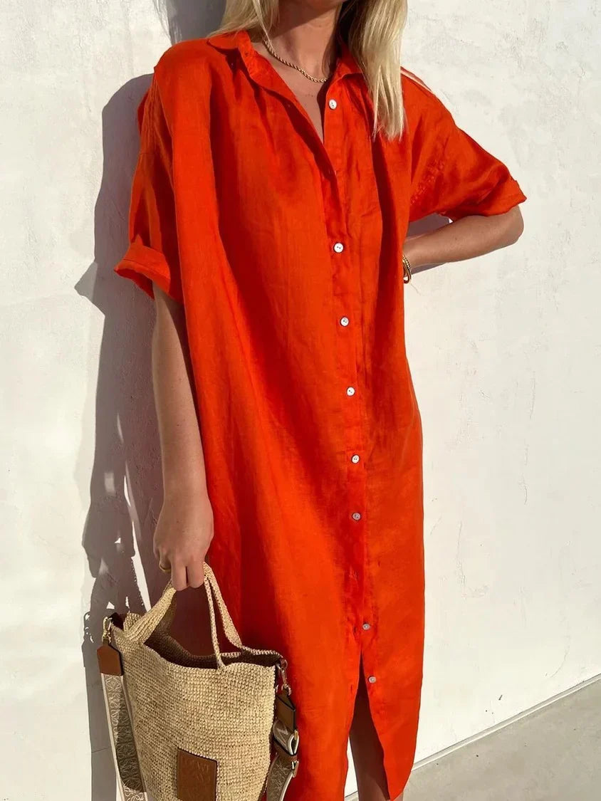 Vestito lungo donna in lino con bottoni – abito estivo leggero a maniche corte