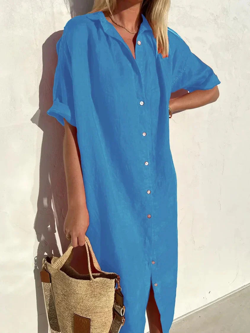 Vestito lungo donna in lino con bottoni – abito estivo leggero a maniche corte