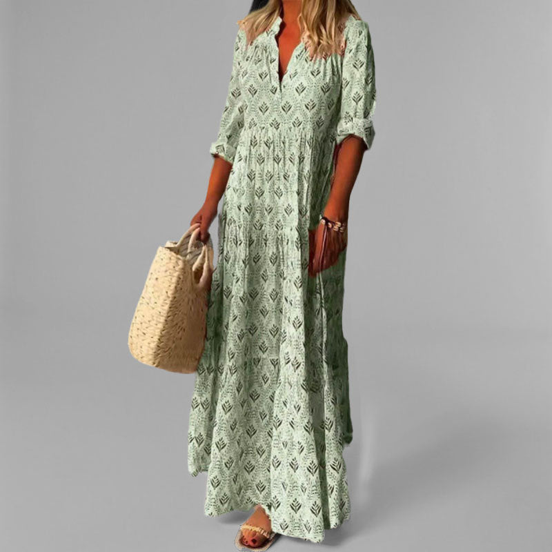 Abito lungo da donna – leggero – vestibilità ampia – scollo a V – stampa vintage – manica a 3/4