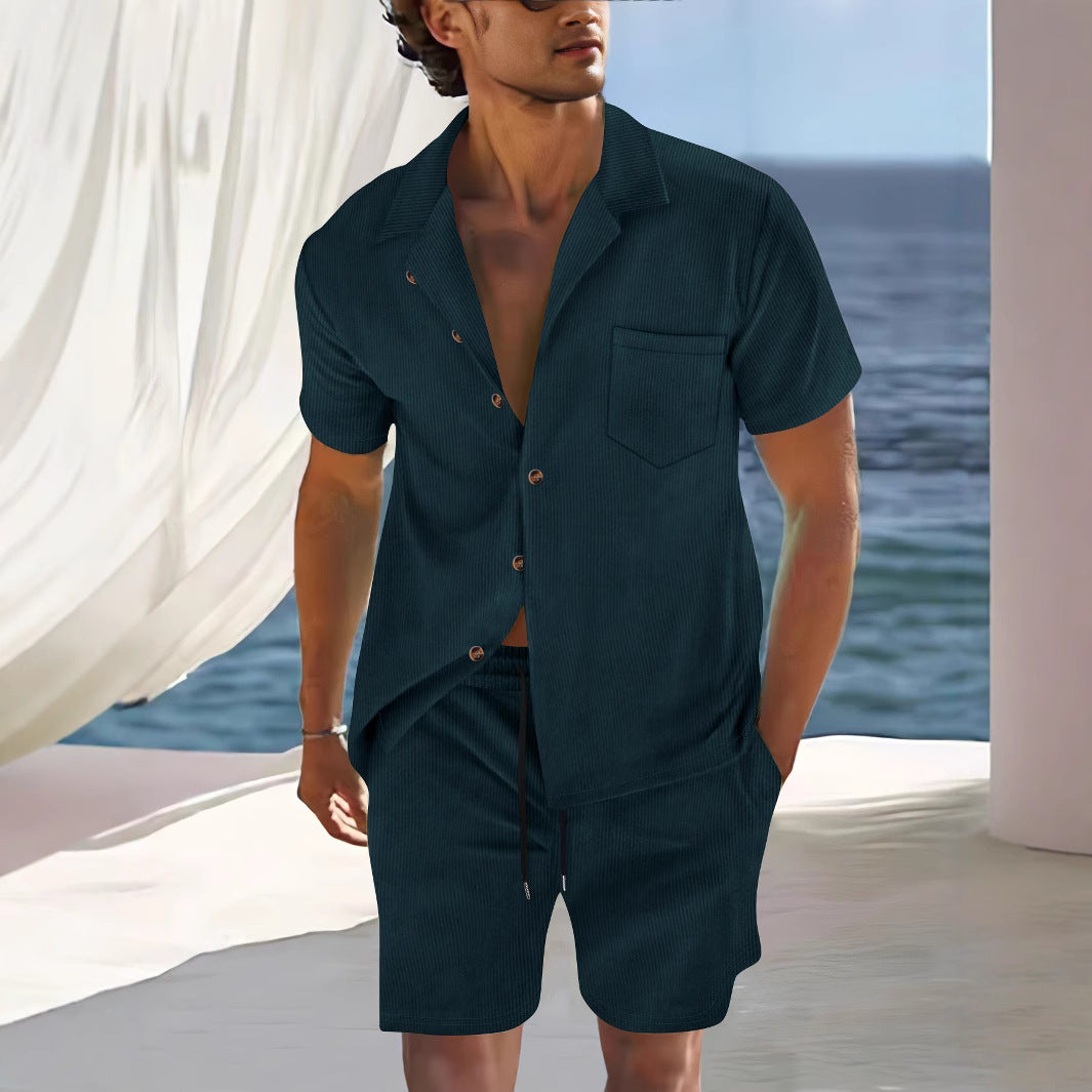 Completo da uomo in lino | Camicia a maniche corte e pantaloncini | Coordinato naturale da spiaggia