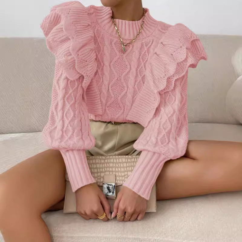 Elegante maglione a trecce con volant da donna – Top comodo a maniche lunghe