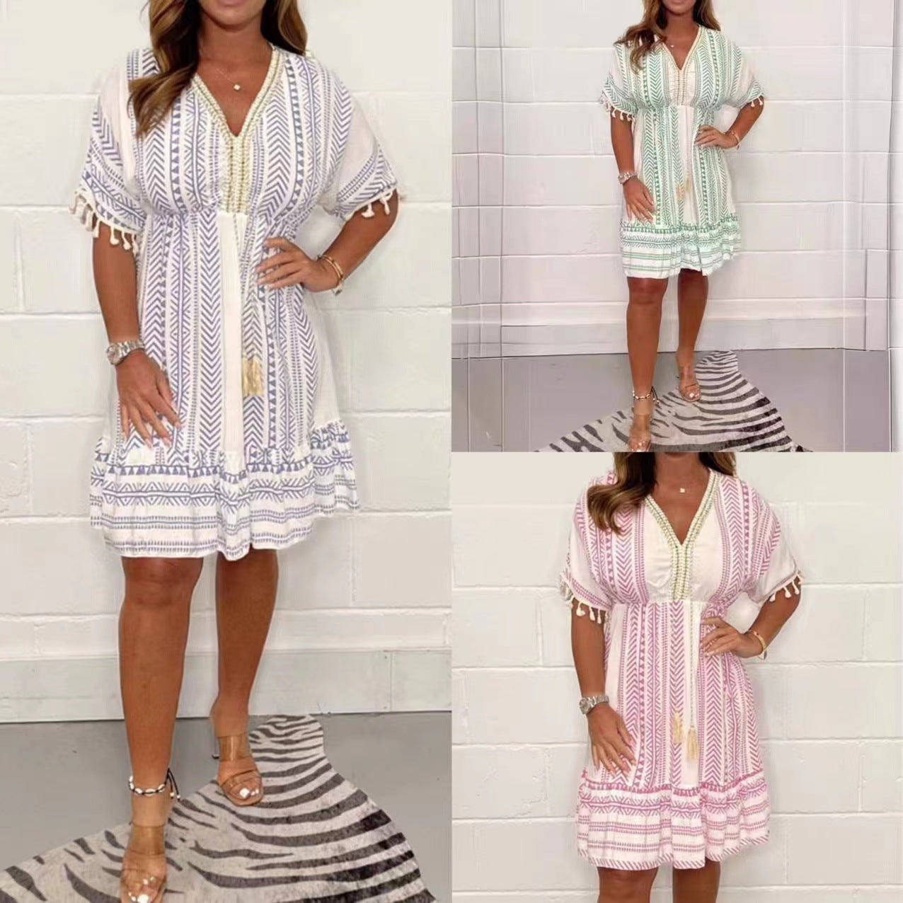 Vestito boho chic corto con maniche corte – abito donna sopra il ginocchio