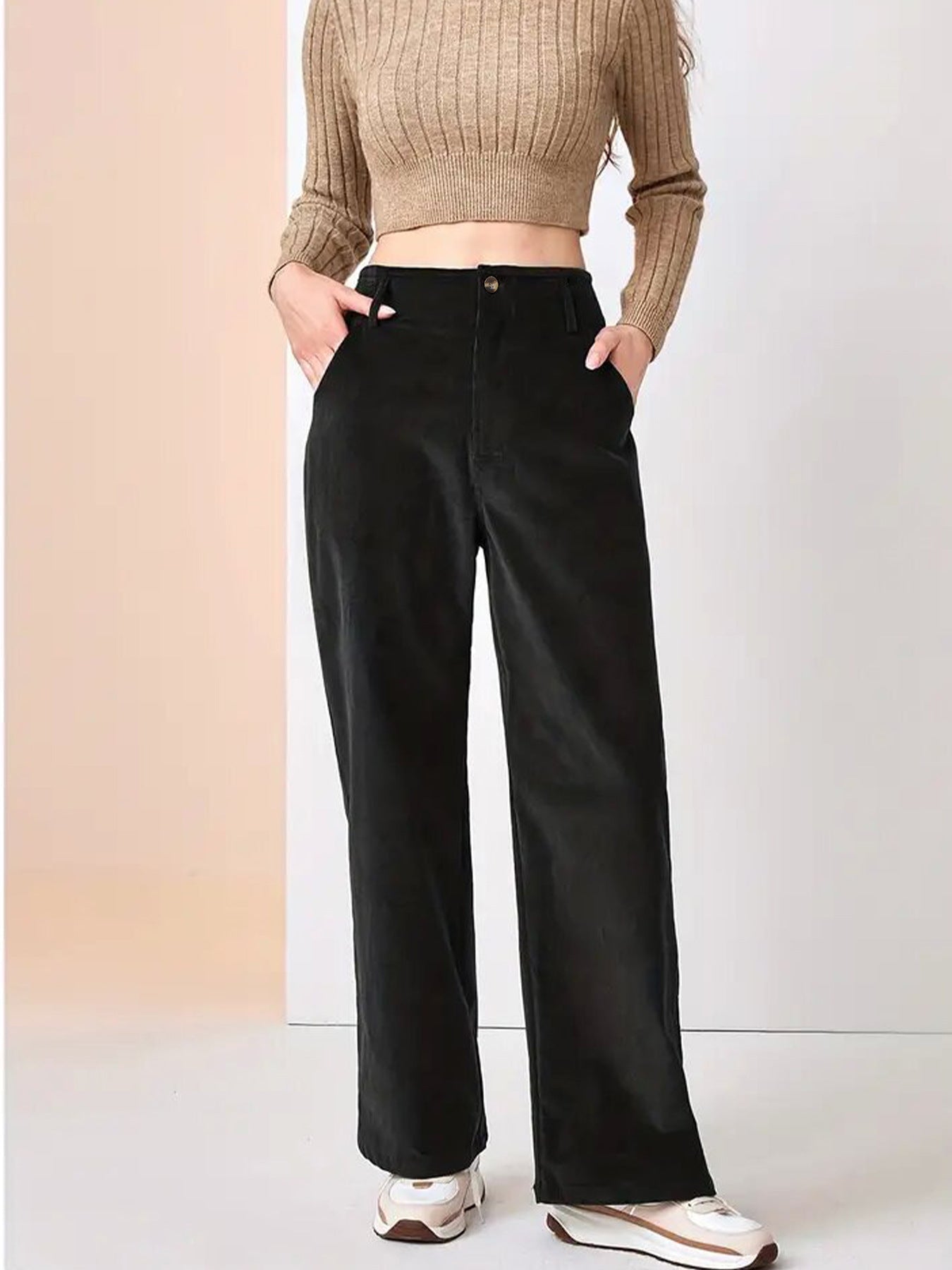 Pantaloni da donna casual a gamba larga in tessuto a coste – Comodi