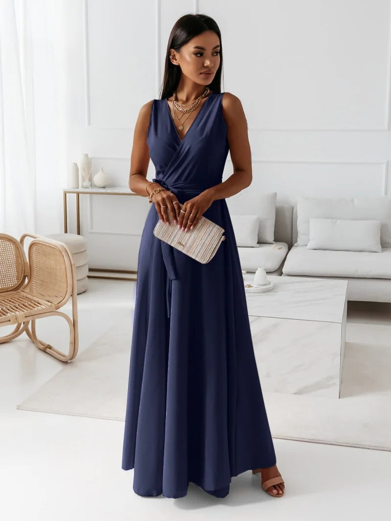 Abito da cocktail lungo con scollo a V da donna – Elegante abito da cerimonia