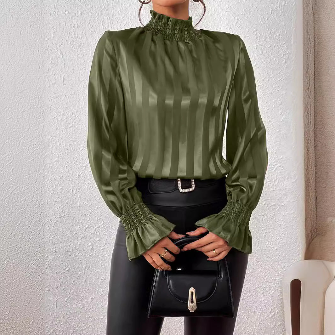 Elegante camicetta in raso con collo alto da donna - Top con maniche a balze arricciate