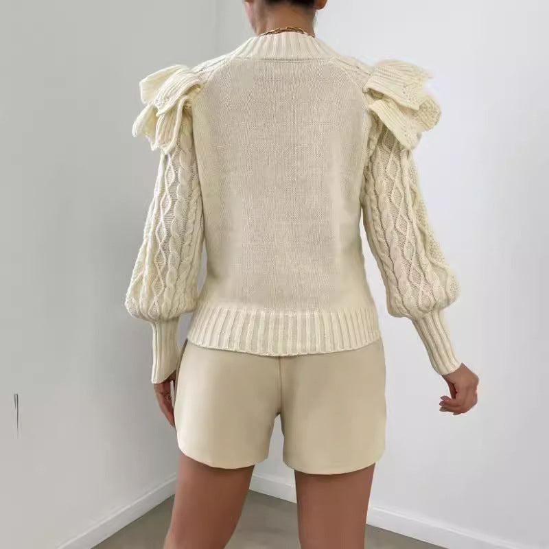 Elegante maglione a trecce con volant da donna – Top comodo a maniche lunghe