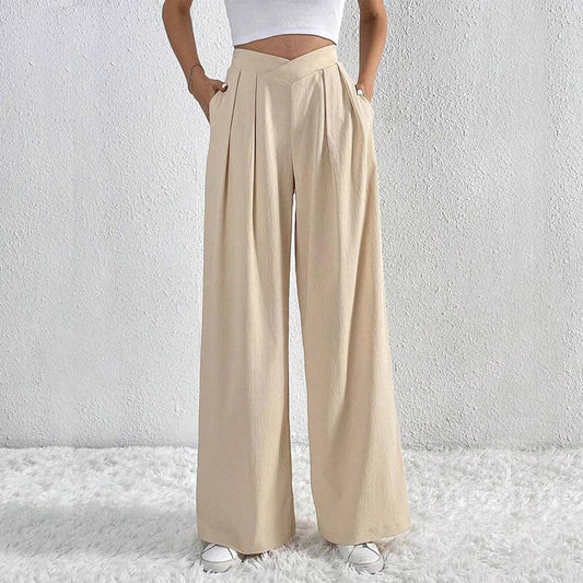 Pantaloni eleganti e leggeri beige a gamba larga da donna - Comodi, a vita alta