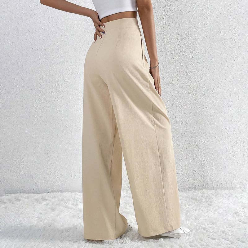 Pantaloni eleganti e leggeri beige a gamba larga da donna - Comodi, a vita alta