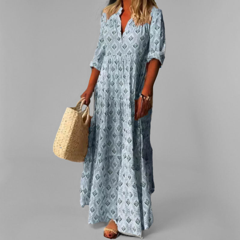 Abito lungo da donna – leggero – vestibilità ampia – scollo a V – stampa vintage – manica a 3/4