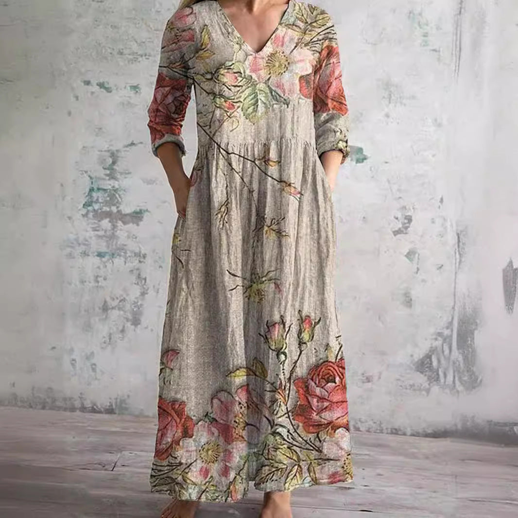 Abito lungo estivo da donna con scollo a V floreale - Abito lungo in stile boho