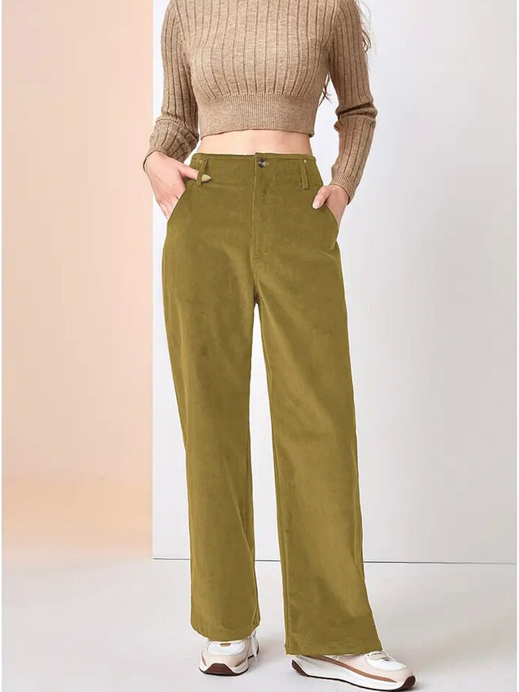 Pantaloni da donna casual a gamba larga in tessuto a coste – Comodi