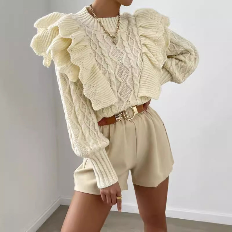 Elegante maglione a trecce con volant da donna – Top comodo a maniche lunghe