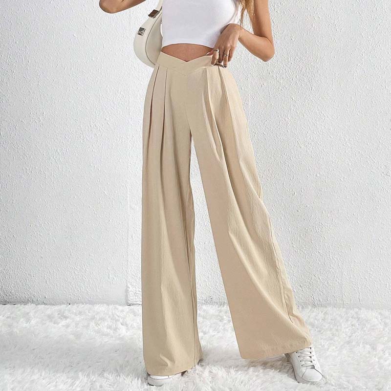 Pantaloni eleganti e leggeri beige a gamba larga da donna - Comodi, a vita alta
