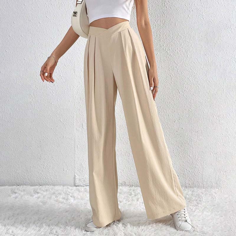 Pantaloni eleganti e leggeri beige a gamba larga da donna - Comodi, a vita alta