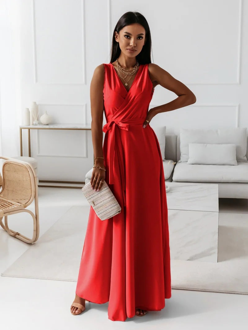 Abito da cocktail lungo con scollo a V da donna – Elegante abito da cerimonia