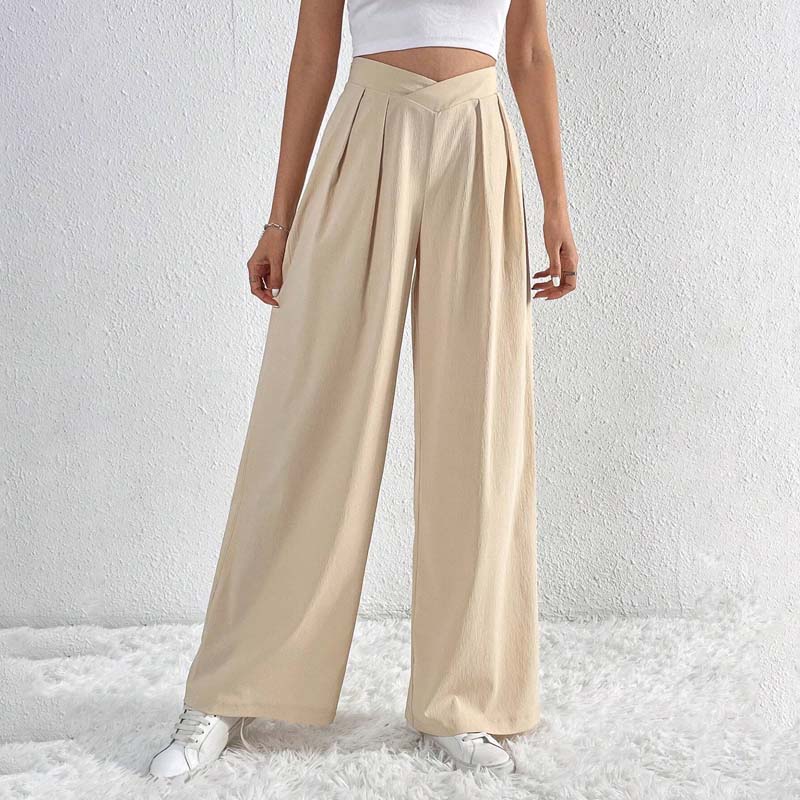 Pantaloni eleganti e leggeri beige a gamba larga da donna - Comodi, a vita alta