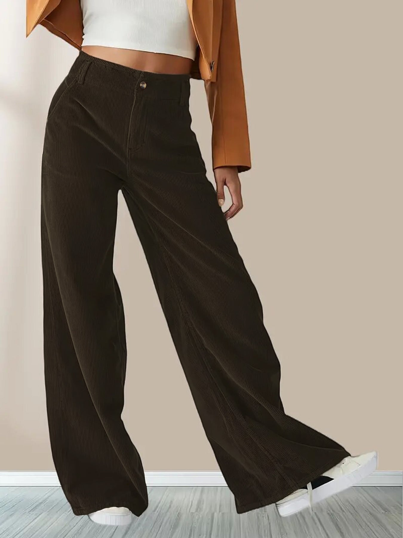 Pantaloni da donna casual a gamba larga in tessuto a coste – Comodi