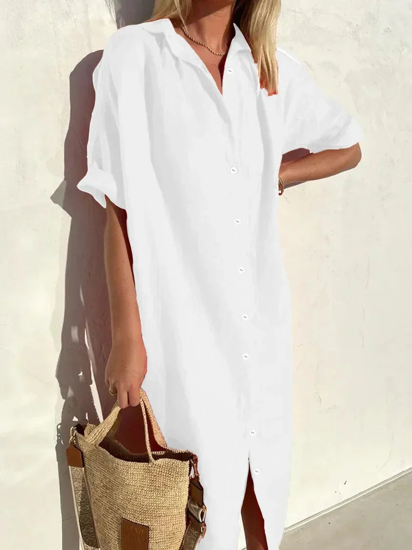 Vestito lungo donna in lino con bottoni – abito estivo leggero a maniche corte