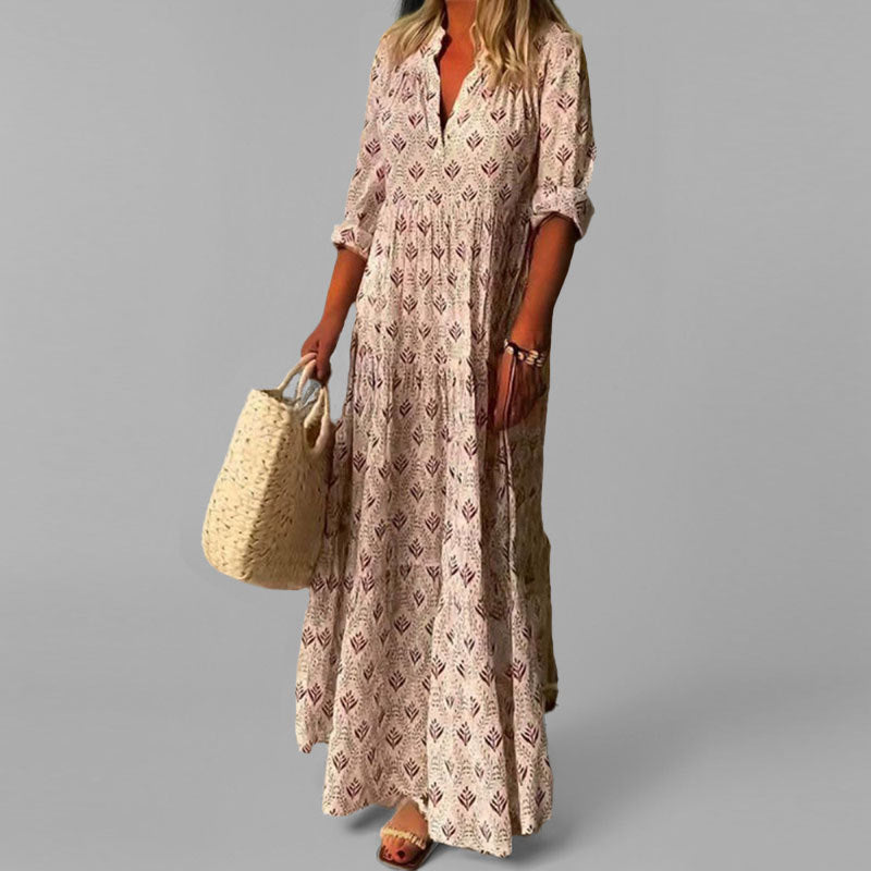 Abito lungo da donna – leggero – vestibilità ampia – scollo a V – stampa vintage – manica a 3/4
