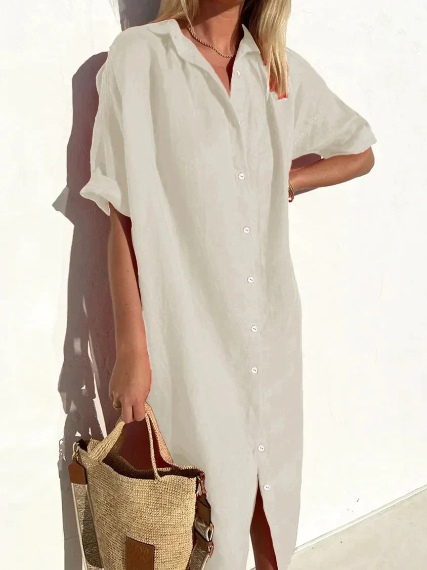 Vestito lungo donna in lino con bottoni – abito estivo leggero a maniche corte