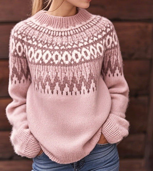 Maglione Fair Isle rosa premium da donna - Comodo maglione vintage
