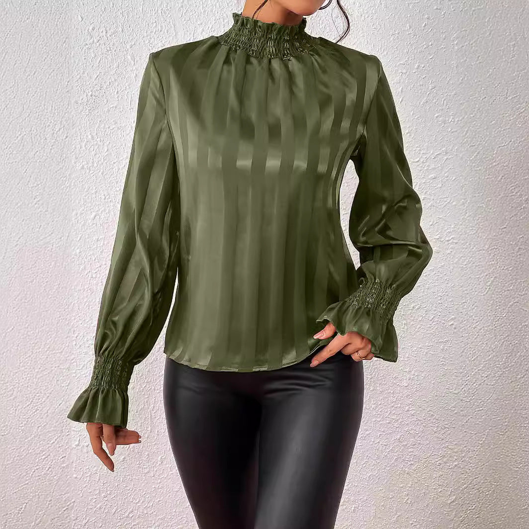 Elegante camicetta in raso con collo alto da donna - Top con maniche a balze arricciate
