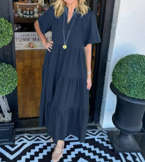 Abito lungo casual con volant da donna – Abito a maniche corte con scollo a V e tasche