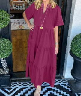 Lang afslappet kjole med flæser til kvinder – Kortærmet kjole med V-hals og lommer