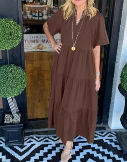 Lang afslappet kjole med flæser til kvinder – Kortærmet kjole med V-hals og lommer