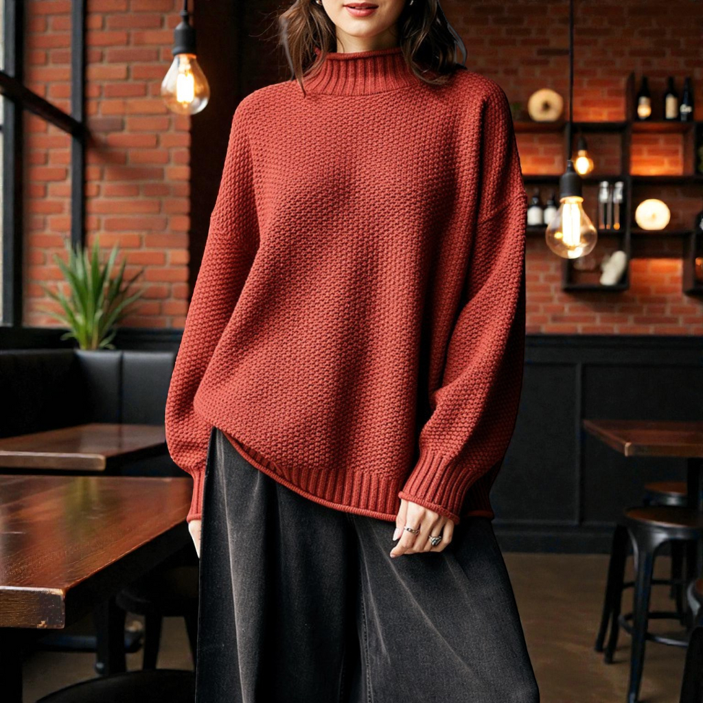 Elegante maglione a collo alto a coste da donna – Maglia spessa con maniche lunghe