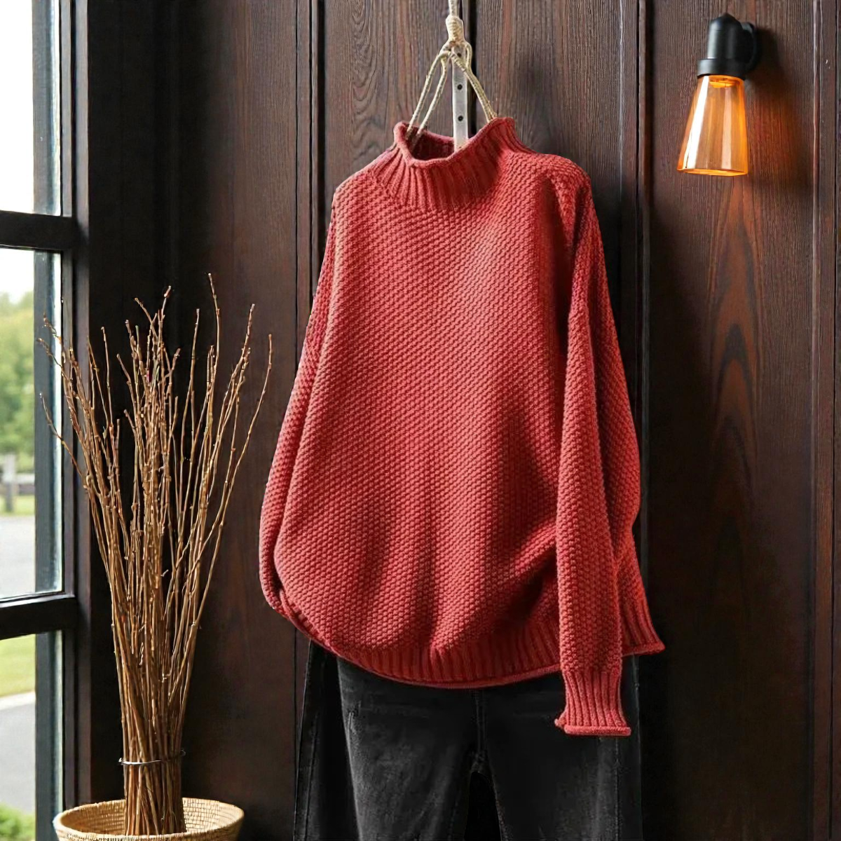 Elegante maglione a collo alto a coste da donna – Maglia spessa con maniche lunghe